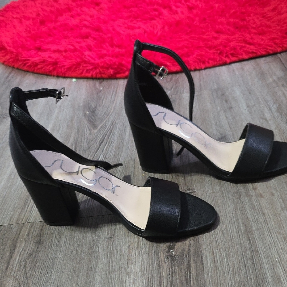 Sugar Black Block Heel Sandals with Ankle Strap